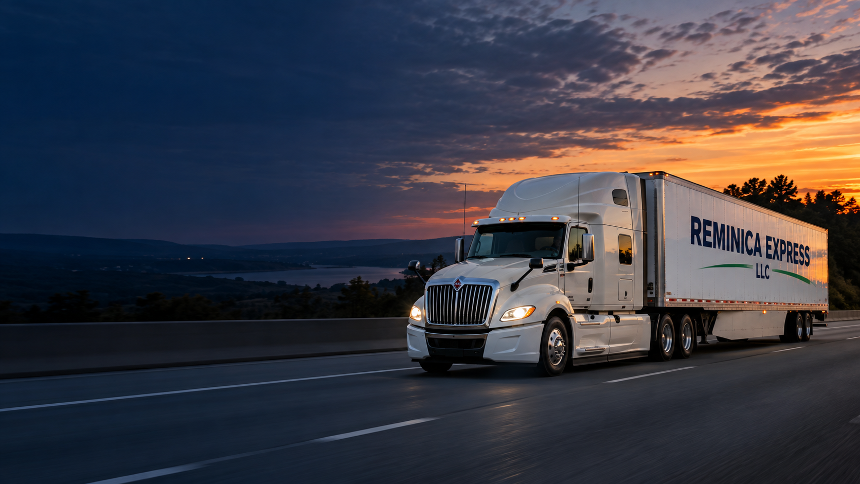 Generated marketing image of a white Reminica Express tractor-trailer on a highway at sunset